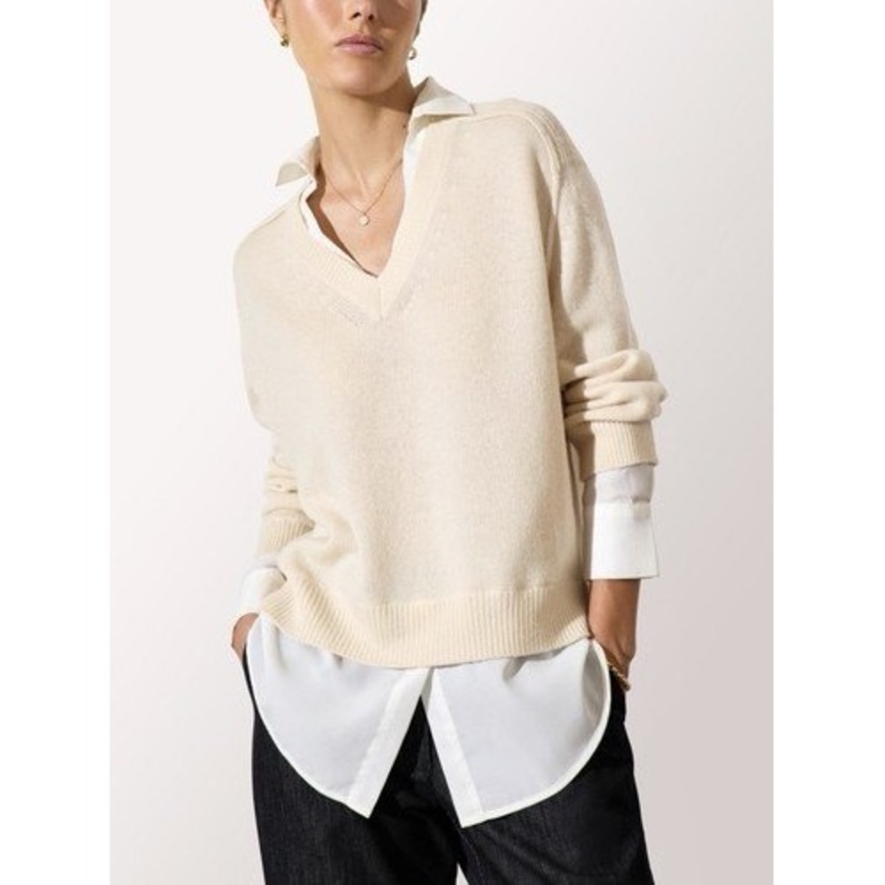Brochu Walker Looker Layer Sweater Women Large Cream Wool Cashmere Blend Preppy